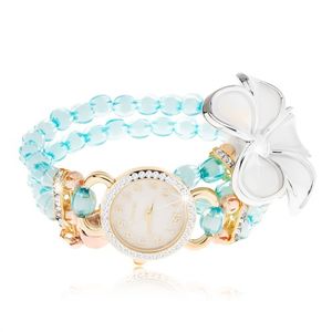 Zegarek z bransoletką z niebieskich koralików, cyferblat z cyrkoniami, biały kwiat