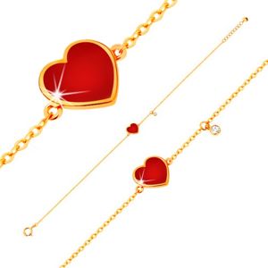 Złota 14K bransoletka - czerwone emaliowane serce i bezbarwna cyrkonia, cienki łańcuszek, 180 mm