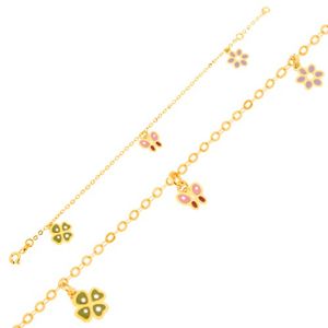 Złota bransoletka 375 - emaliowana czterolistna koniczynka, motyl, kwiatek, lśniący łańcuszek
