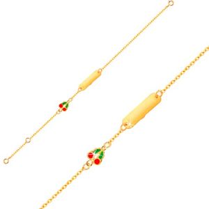 Złota bransoletka 375 - łańcuszek, lśniąca płytka, emaliowane czereśnie