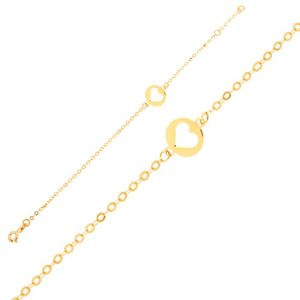 Złota bransoletka 375 - lśniący łańcuszek z okrągłą płytką z wycięciem serca
