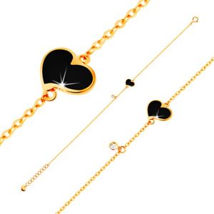 Złota bransoletka 585 - czarne asymetryczne serce i bezbarwna cyrkonia, cienki łańcuszek, 180 mm