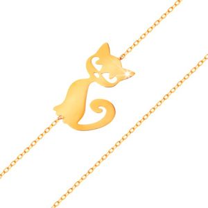 Złota bransoletka 585 - subtelny błyszczący łańcuszek, płaska zawieszka - kotek