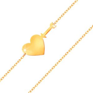 Złota bransoletka 585 - cienki błyszczący łańcuszek, lśniące płaskie serce i strzała