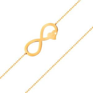 Złota bransoletka 585 - cienki łańcuszek, płaski symbol nieskończoności z serduszkiem