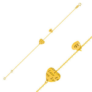 Złota bransoletka 585 - dwa lśniące serca z napisami „Love” i „Me”