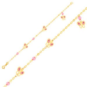 Złota bransoletka 9K na rękę - różowo-białe motyle i szklane kuleczki, łańcuszek