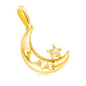 Złota zawieszka 375 - księżyc z napisem „LOVE”, gwiazda z przezroczystą cyrkonią
