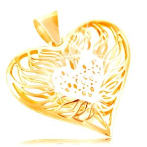 Złota zawieszka 585 - duże dwukolorowe serce, środek z białego złota, wokół płomienie
