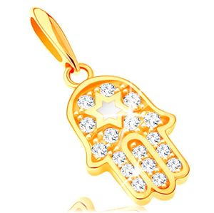Złota zawieszka 585 - symbol Hamsa z przezroczystymi cyrkoniami i białą gwiazdą