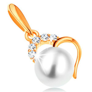 Złota zawieszka 585 - biała okrągła perła w zarysie nieregularnego serca