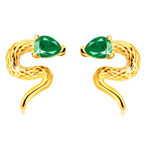 Złote 375 kolczyki - skręcony wąż z cyrkoniową główką zielonego koloru, sztyfty