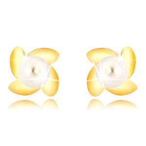 Złote 9K kolczyki - błyszczący kwiat z czterema płatkami, biała perła