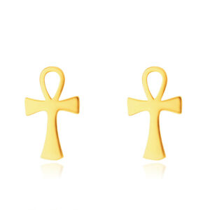 Złote 9K kolczyki - Anch, wzór krzyża nilowego, zapięcie na sztyft