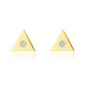 Złote 9K kolczyki - mały trójkąt z przezroczystą cyrkonią pośrodku, sztyfty