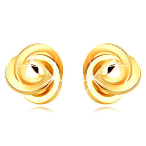 Złote 9K kolczyki - trzy splecione pierścienie z gładką kulką, sztyfty