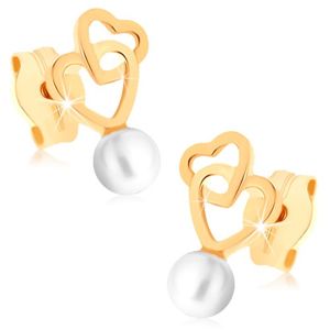 Złote kolczyki 375 - dwa wzajemnie powiązane kontury serc, okrągła biała perełka