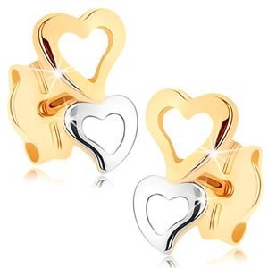 Złote kolczyki 375 - dwie kontury serc w dwukolorowej oprawie