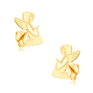 Złote kolczyki 375 - grawerowany modlący się aniołek, lustrzany połysk