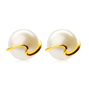 Złote kolczyki 375 - hodowlana biała perła, cienka falista linia, sztyfty