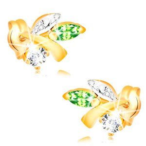 Złote kolczyki 585 - gałązka z liśćmi, zielony szmaragd, bezbarwny diament