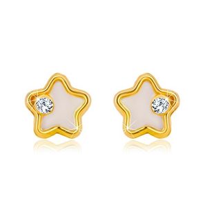 Złote kolczyki 585 - gwiazda z białą naturalną perłą i przezroczystą cyrkonią