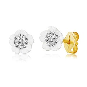 Złote kolczyki 585 - kwiat z naturalnej masy perłowej, kryształy Swarovskiego