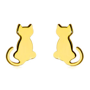 Złote kolczyki 585 wkrętki - zarys lśniącego kota z uniesionym ogonem