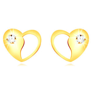 Złote kolczyki 9K - serce z ozdobnym wycięciem i okrągłą przezroczystą cyrkonią