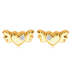 Złote kolczyki sztyfty14K - pełne symetryczne serce ze skrzydłami i przezroczystą cyrkonią