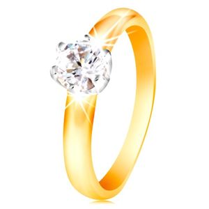 Złoty 14K dwukolorowy pierścionek - bezbarwna cyrkonia w sześcioramiennym koszyczku, wypukłe ramiona - Rozmiar : 50