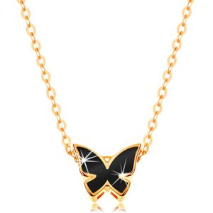 Złoty 14K naszyjnik - lśniący łańcuszek, motyl ozdobiony emalią czarnego koloru