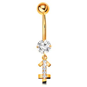 Złoty 14K piercing do brzucha - bezbarwna cyrkonia, błyszczący symbol znaku zodiaku - STRZELEC