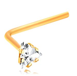 Złoty 14K piercing do nosa - zagięty - bezbarwny cyrkoniowy trójkąt