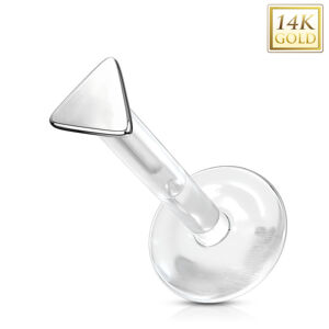 Złoty 14K piercing do nosa, ucha, wargi - maleńki trójkąt równoboczny, przezroczysty Bioflex