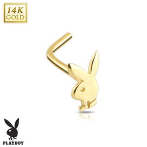 Złoty 14K piercing do nosa - zagięty, zajączek Playboya z motylem, żółte złoto