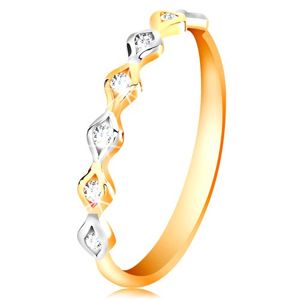 Złoty 14K pierścionek - dwukolorowe ziarnka z wstawionymi cyrkoniami, wysoki połysk - Rozmiar : 54