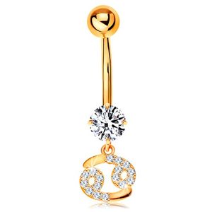 Złoty 9K piercing do brzucha - bezbarwna cyrkonia, błyszczący symbol znaku zodiaku - RAK