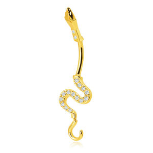 Złoty 9K piercing do brzucha - lśniący falisty wąż, ogon ozdobiony błyszczącymi cyrkoniami
