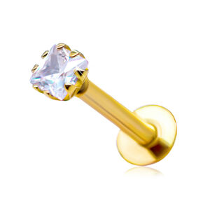 Złoty 9K piercing do wargi i brody - bezbarwna cyrkonia w kształcie kwadratu, 2,5 mm