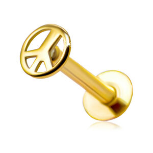 Złoty 9K piercing do wargi i brody - okrągły symbol pokoju, lśniąca powierzchnia