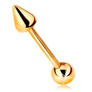 Złoty 9K piercing - lśniący prosty pręt z kuleczką i stożkiem, 10 mm