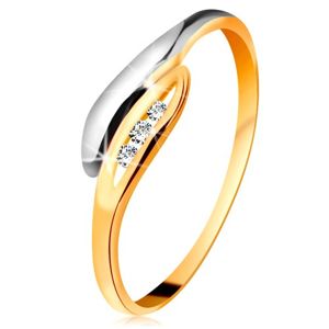 Złoty diamentowy pierścionek 585 - dwukolorowe zagięte listki, trzy przezroczyste brylanty - Rozmiar : 50