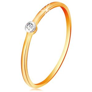 Złoty dwukolorowy pierścionek 585 - bezbarwny brylant w okrągłej oprawie, cienkie ramiona - Rozmiar : 50
