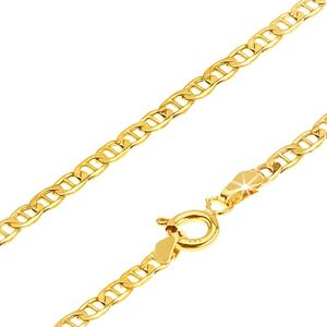 Złoty łańcuszek 585 - małe płaskie lśniące ogniwa przedzielone pałeczką, 450 mm