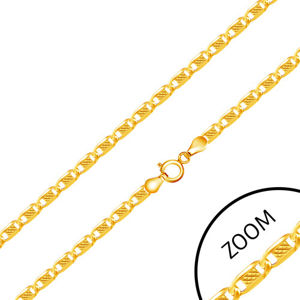 Złoty łańcuszek 585 - owalne ogniwa ozdobione prostokątem z siatkowym wzorem, 550 mm
