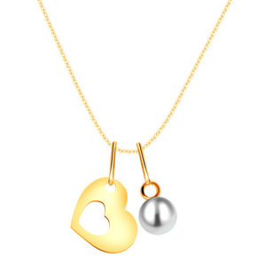 Złoty naszyjnik 375 - sylwetka serca z wycięciem na środku, okrągła biała perła