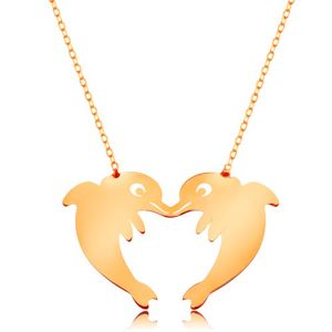 Złoty naszyjnik 585 - subtelny łańcuszek, dwa delfiny tworzące zarys serca
