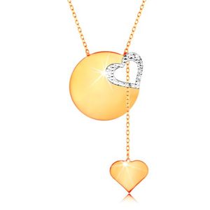 Złoty naszyjnik 585 - subtelny łańcuszek, lśniące płaskie koło, kontur serca z białego złota