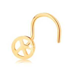Złoty piercing 585, zagięty - okrągły symbol pokoju, lśniąca powierzchnia